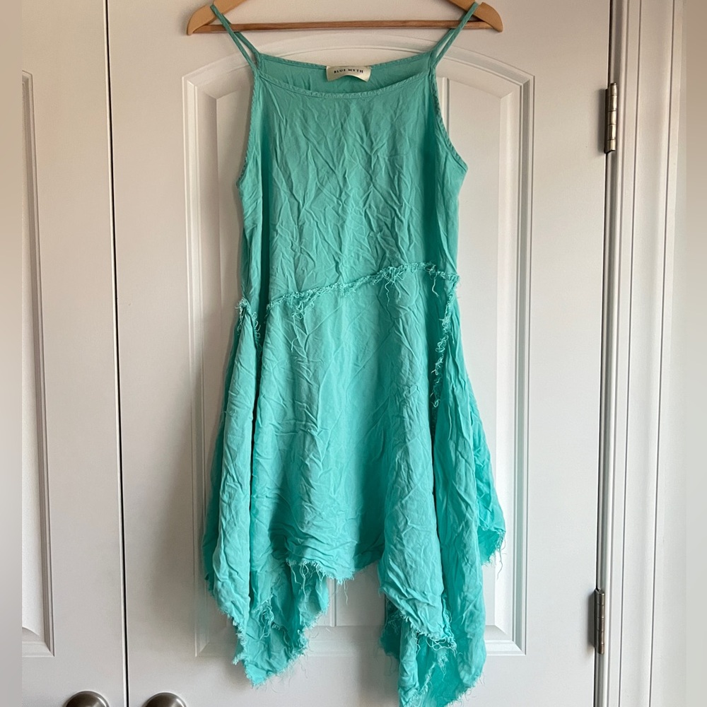 Blue Myth Sleeveless Mini Dress with a Handkerchief Hem